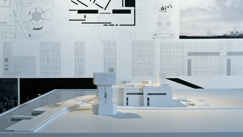 Maquette architecturale posée devant des plans de construction affichés au mur